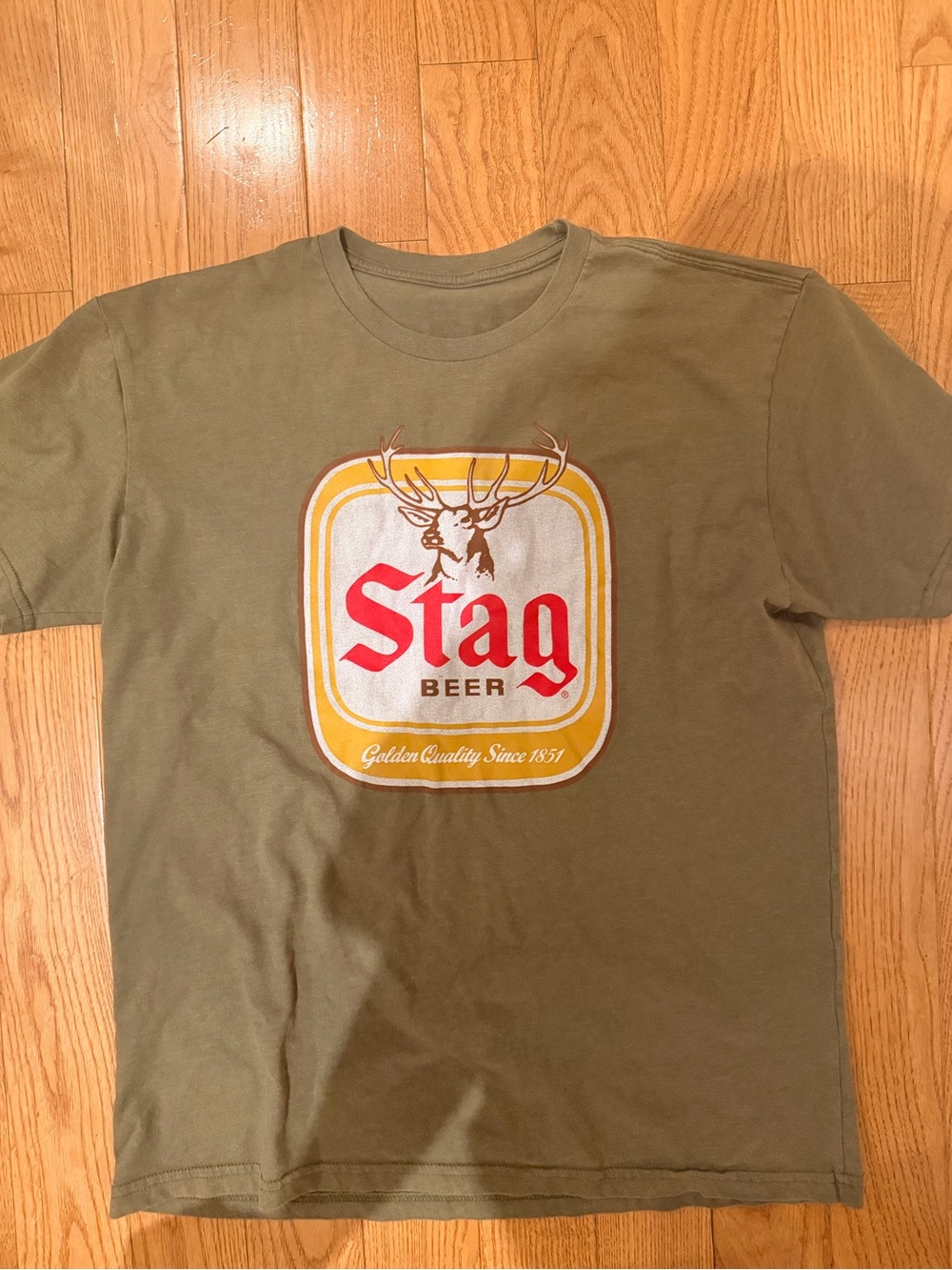 Stag Beer Olive Green T-Shirt with Red & Yellow Stag Beer Logo